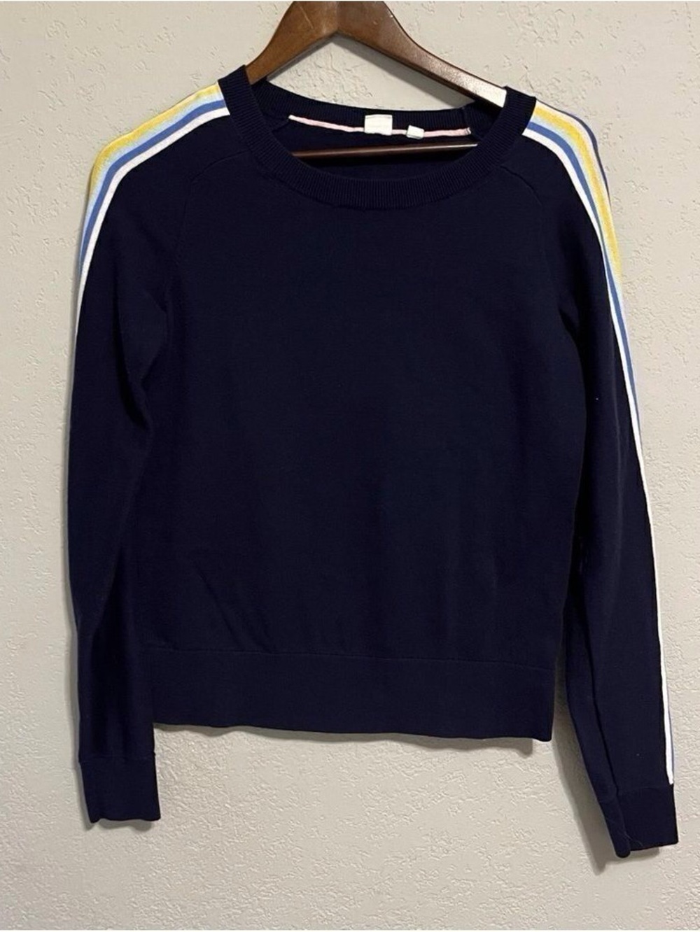 Women's Navy Sweater with Contrast Shoulder Stripes
